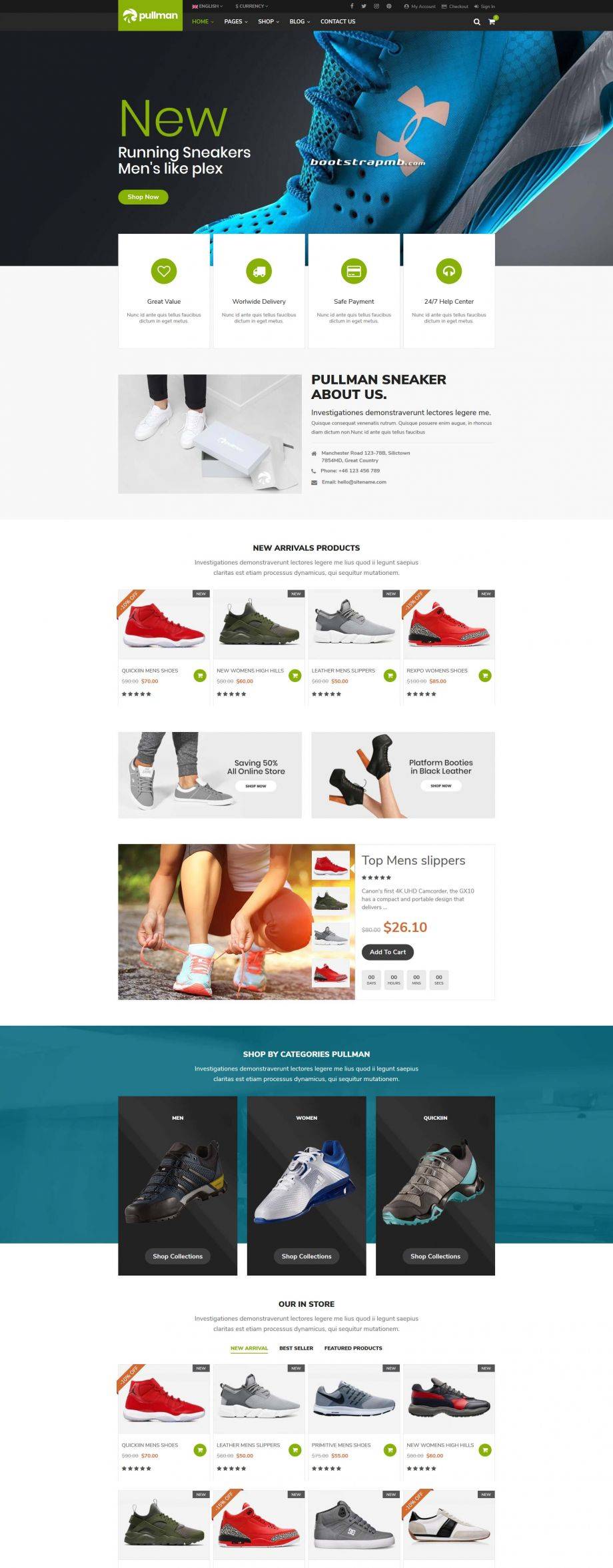 绿色欧美风格的运动鞋商城整站网站模板