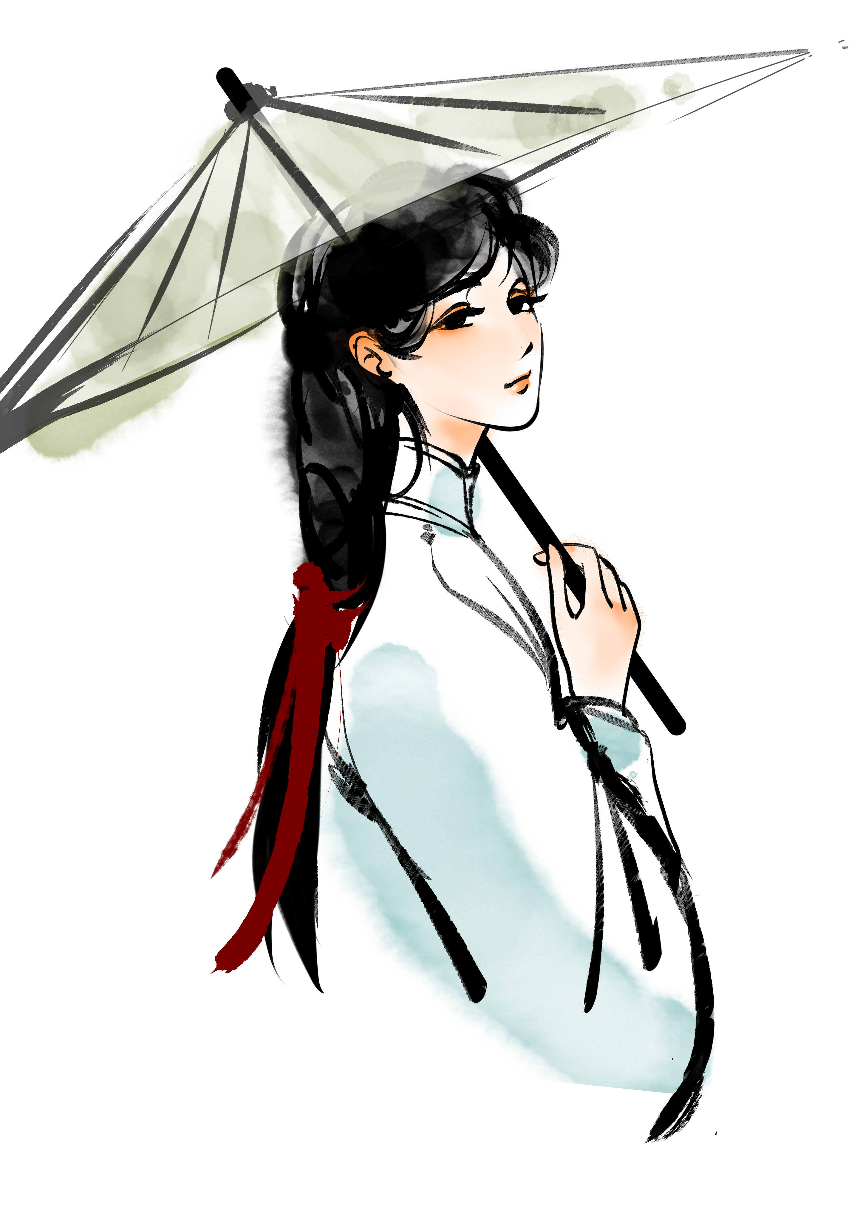 古风油纸伞少女水墨风装饰元素