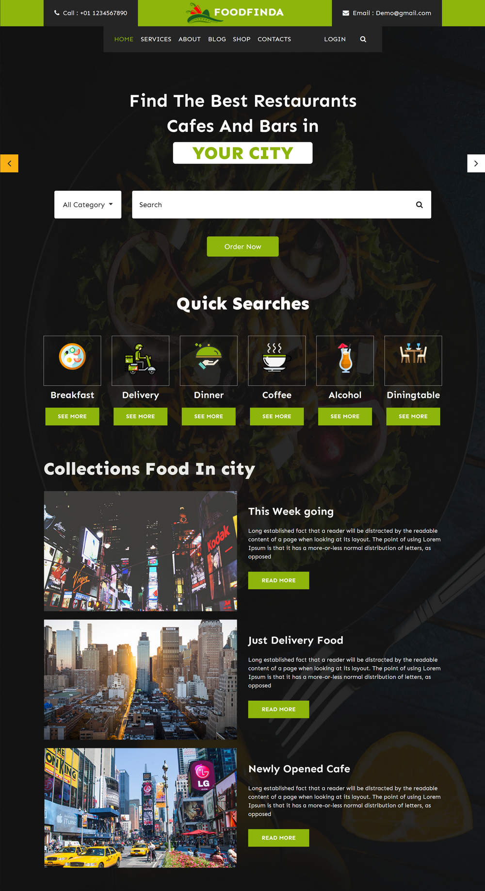 城市配套社区餐厅、咖啡馆和酒吧餐饮美食服务网站模板