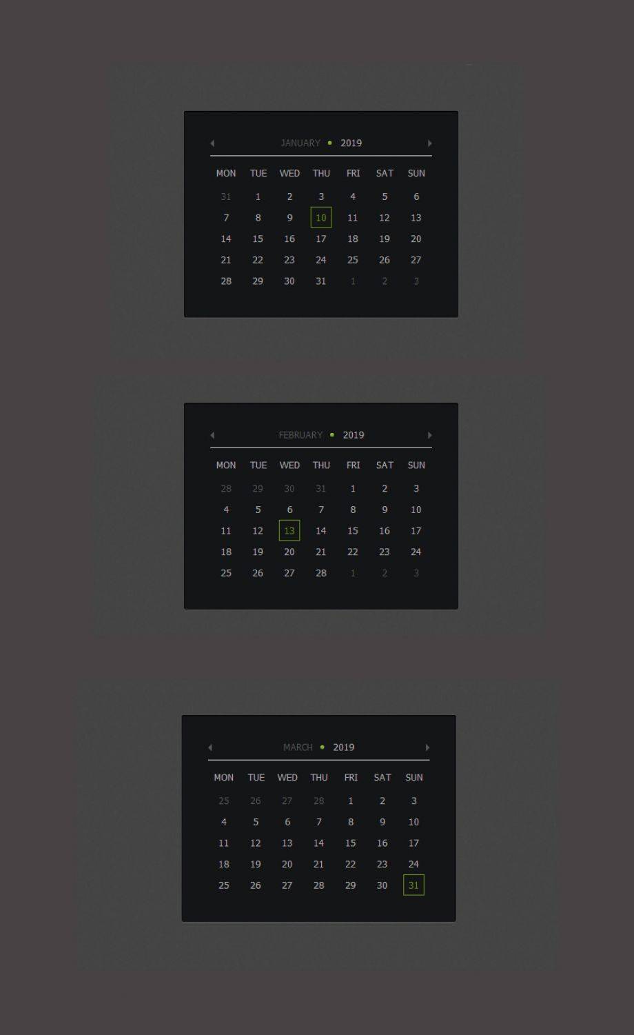 基于jQuery和CSS3创建的月份、日期日历