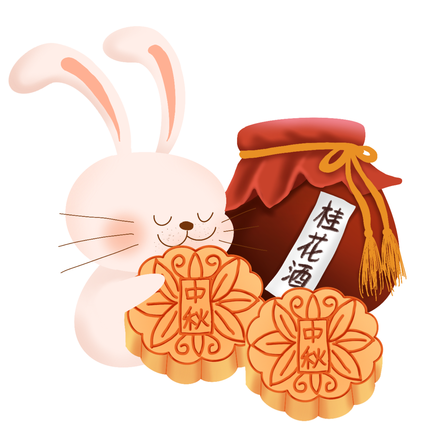 手绘中秋节玉兔吃月饼桂花酒装饰元素