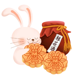 手绘中秋节玉兔吃月饼桂花酒装饰元素
