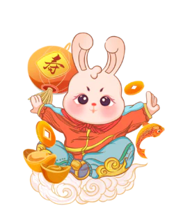 手绘橙红色国潮贺寿兔子装饰元素