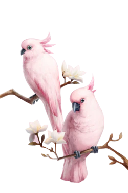 手绘粉色鹦鹉鸟类树枝白花装饰元素