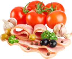 培根番茄黑提大蒜健康搭配食物装饰元素