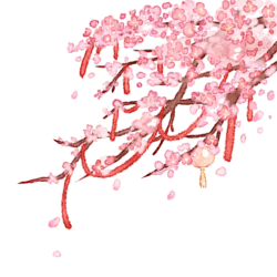 粉色水彩古风桃花树枝灯笼装饰元素