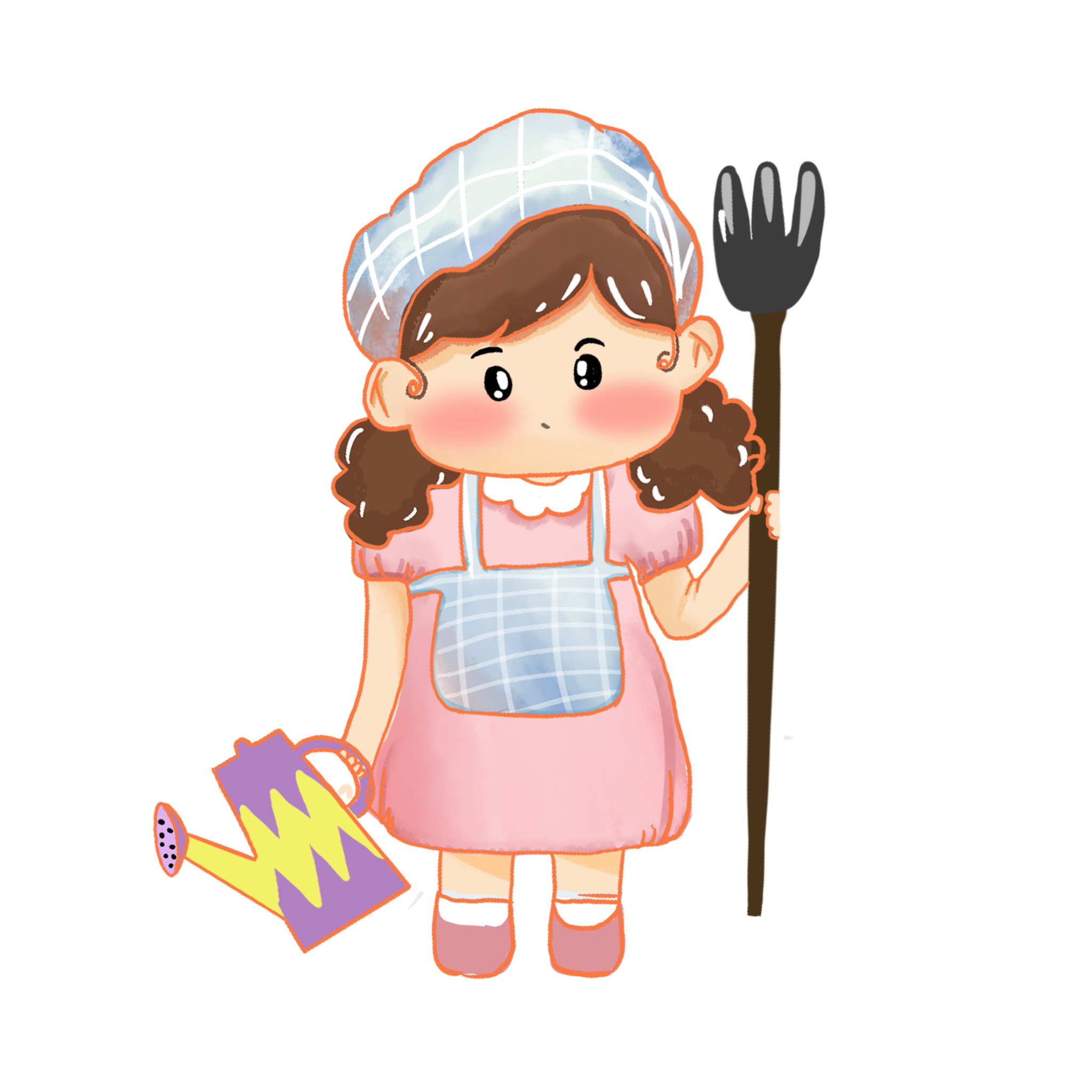 手持水壶和叉子劳动的小女孩免抠素材