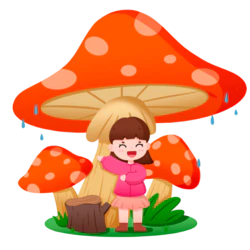 小女孩躲在红色蘑菇下面避雨免抠卡通素材